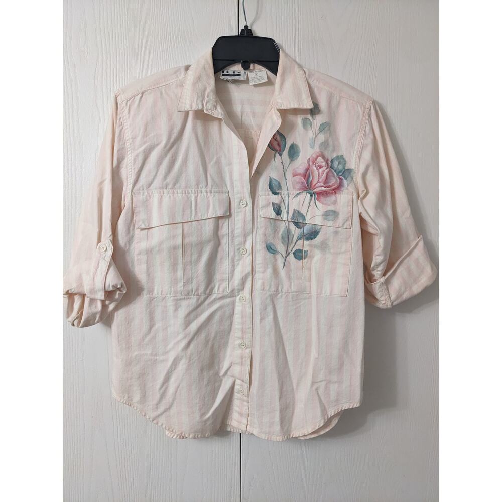 ilio Women's 1/2 Sleeve Pink Strip Button Down Floral Pockets Shirt Top Size S
